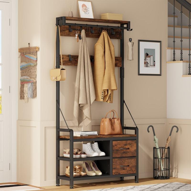 Kahverengi Metal ve Ahşap 17 Askılı Oturaklı Çekmeceli Raflı Portmanto Vestiyer - 81x30x180 cm - 159700