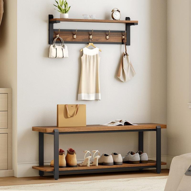 Kahverengi Metal ve Ahşap Oturaklı 5 Askılı Portmanto Vestiyer - 120 cm - 159445