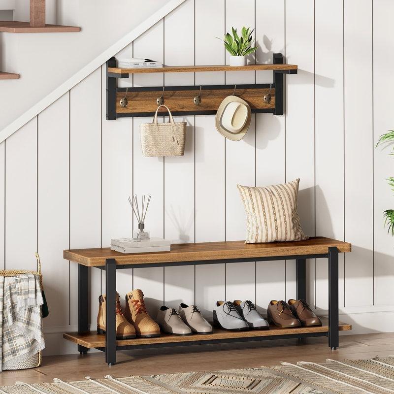 Kahverengi Metal ve Ahşap Oturaklı 5 Askılı Portmanto Vestiyer - 120 cm - 159445