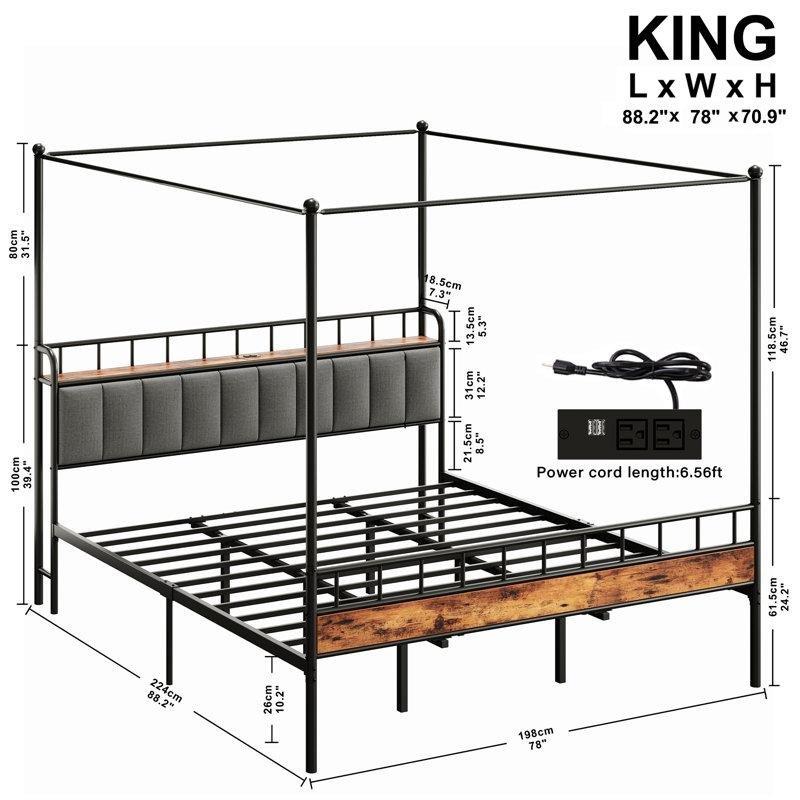 Kahverengi Metal ve Masif Ahşap Depolama Başlıklı USB Girişli Cibinlikli Karyola - 199x224 cm - 142435