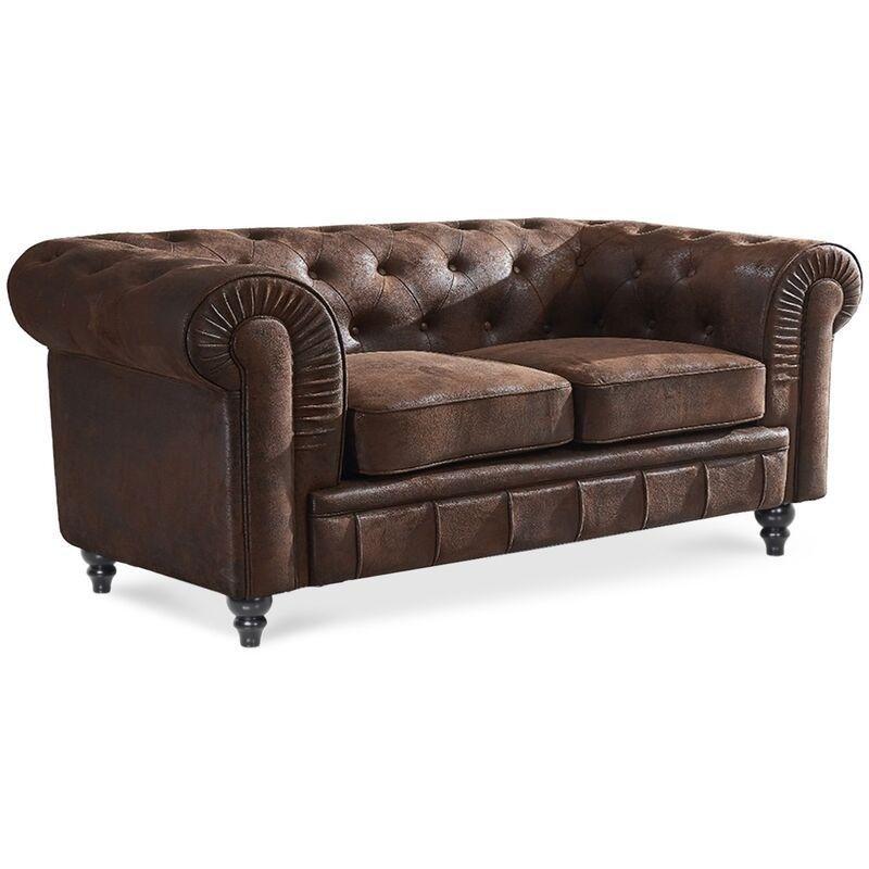 Kahverengi Mikrofiber Kapitoneli Ahşap Ayaklı Chester İkili Koltuk - 157 cm - 152697