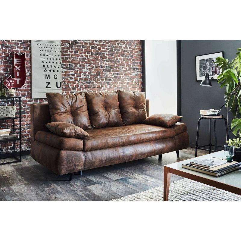 Kahverengi Mikrofiber Kumaş Yataklı Sandıklı Endüstriyel Tasarım Üçlü Koltuk - 205 cm - 154266