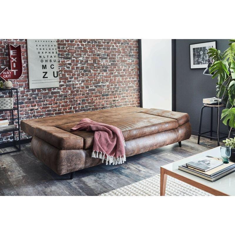 Kahverengi Mikrofiber Kumaş Yataklı Sandıklı Endüstriyel Tasarım Üçlü Koltuk - 205 cm - 154266