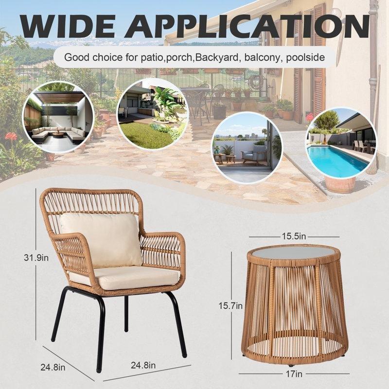Kahverengi PE Rattan Minderli 2 Kişilik Bohem Sandalye Seti - 145581
