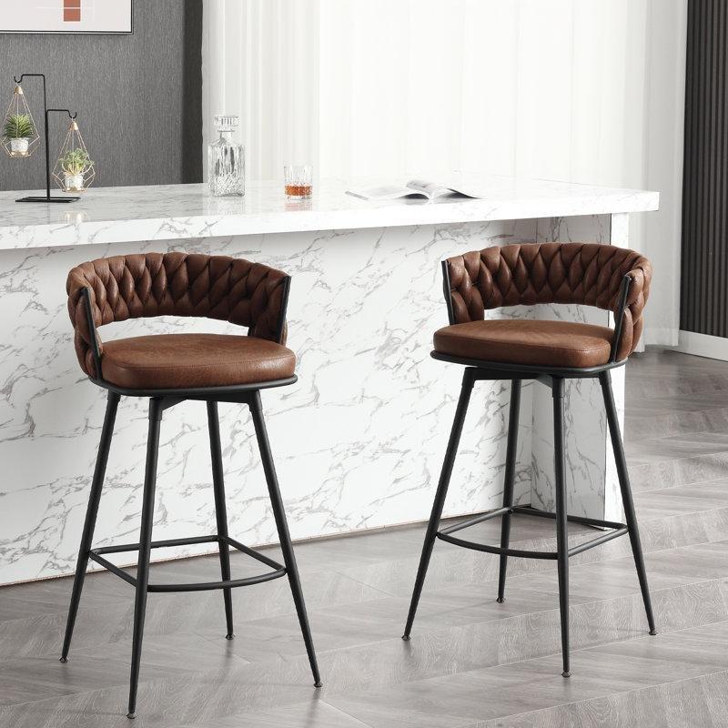 Kahverengi Polyester Kumaş Siyah Metal Alçak Sırtlı Döner Bar Sandalyesi 2li Set - 79 cm - 147780