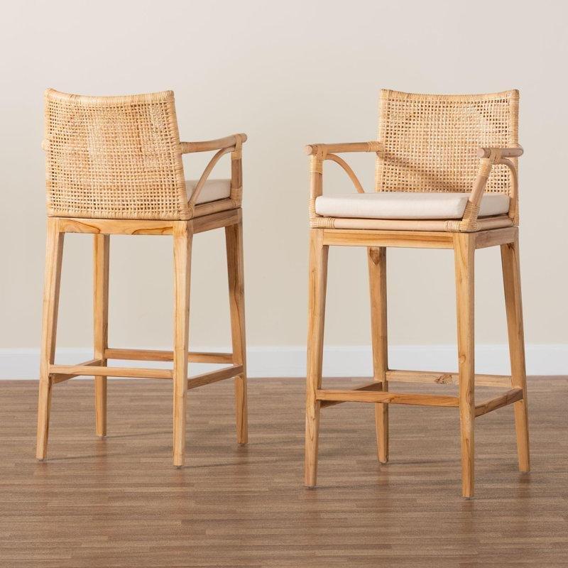 Kahverengi Rattan Kolçaklı Bohem 2li Hasır Bar Sandalyesi Seti - 148158