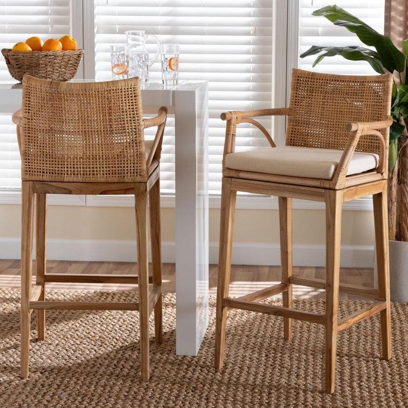 Kahverengi Rattan Kolçaklı Bohem 2li Hasır Bar Sandalyesi Seti - 148158