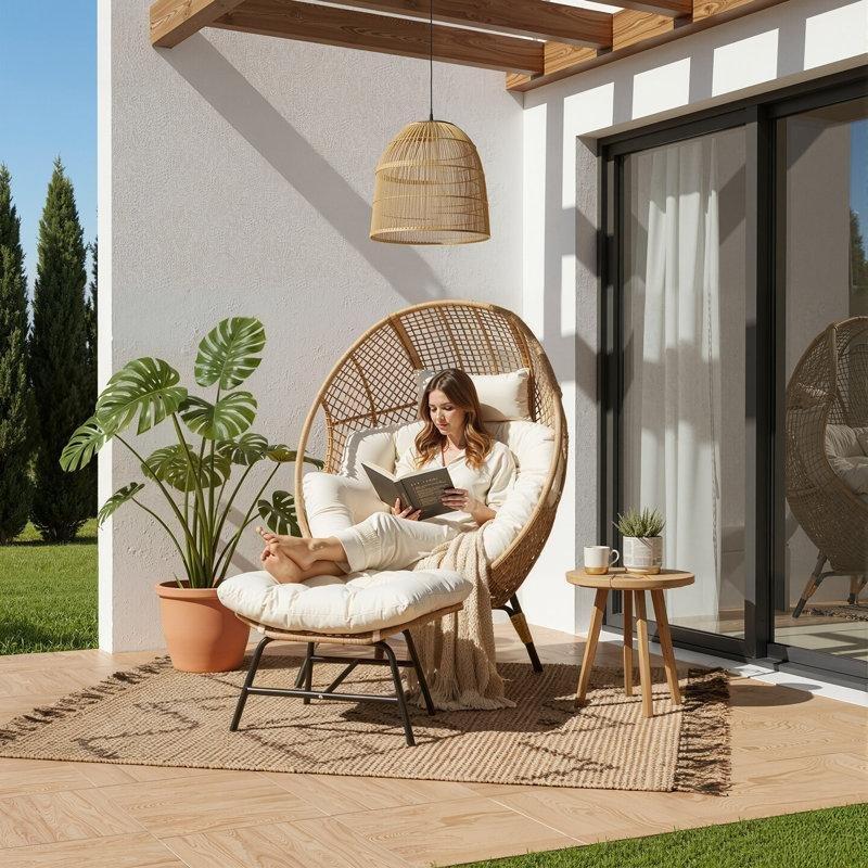 Kahverengi Rattan Puflu Kalın Minderli Bohem Sandalye - 141 cm - 145527