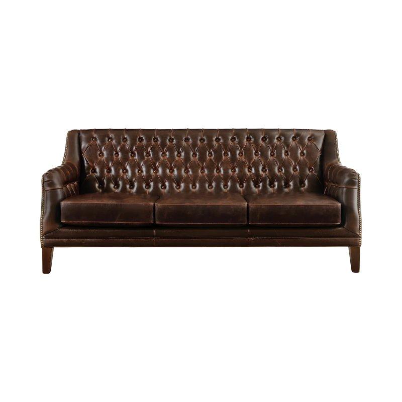 Kahverengi Sığır Derisi Kapitoneli Zımbalı Üçlü Koltuk - 195 cm - 155314