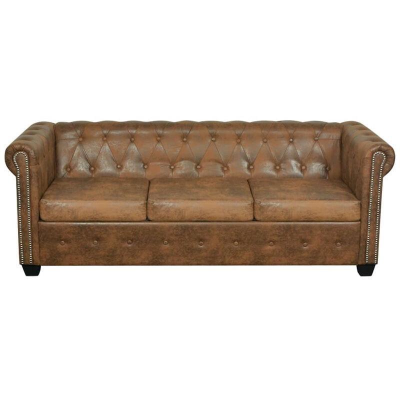 Kahverengi Suni Deri Chesterfield Üç Kişilik Koltuk - 201 cm - 154365