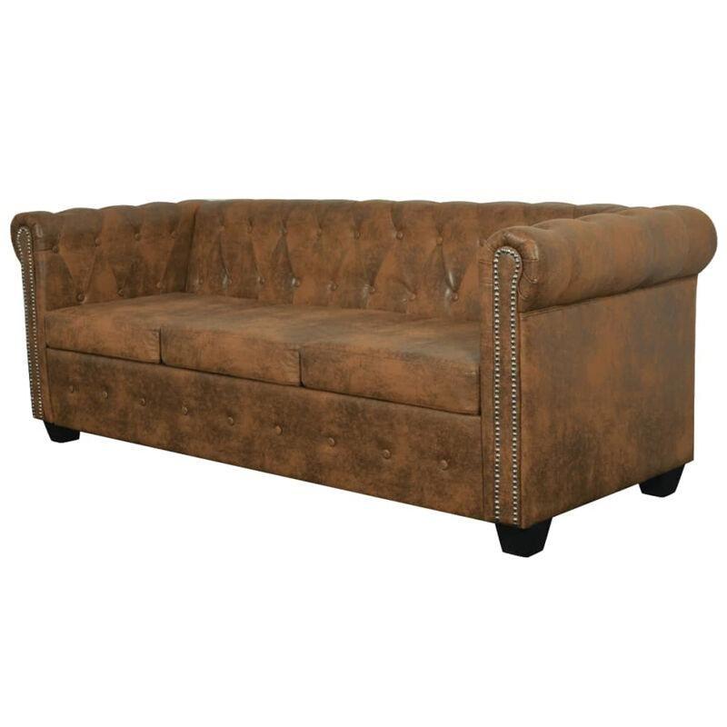 Kahverengi Suni Deri Chesterfield Üç Kişilik Koltuk - 201 cm - 154365