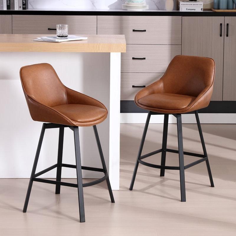 Kahverengi Suni Deri Döner Sırtlı Metal Bar Sandalyesi - 66 cm - 147738