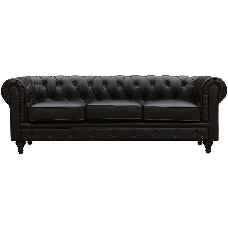 Kahverengi Suni Deri Kapitoneli 3 Kişilik Chesterfield Koltuk - 204x80 cm - 153710