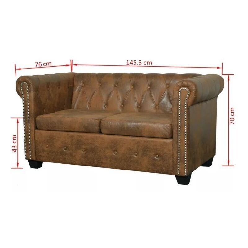 Kahverengi Suni Deri Kapitoneli Chesterfield İkili Koltuk - 146 cm - 152680