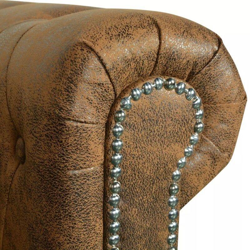 Kahverengi Suni Deri Kapitoneli Chesterfield İkili Koltuk - 146 cm - 152680