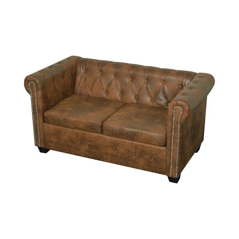 Kahverengi Suni Deri Kapitoneli Zımba Detaylı Chesterfield İkili Koltuk - 155461