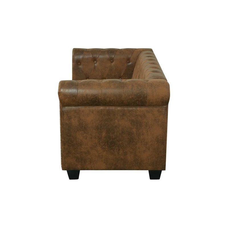 Kahverengi Suni Deri Kapitoneli Zımba Detaylı Chesterfield İkili Koltuk - 155461