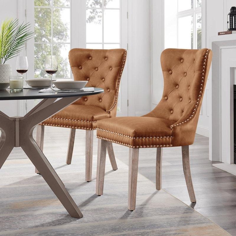 Kahverengi Suni Deri Kapitoneli Zımbalı Kulaklı Chester Sandalye 2li Set - 145743