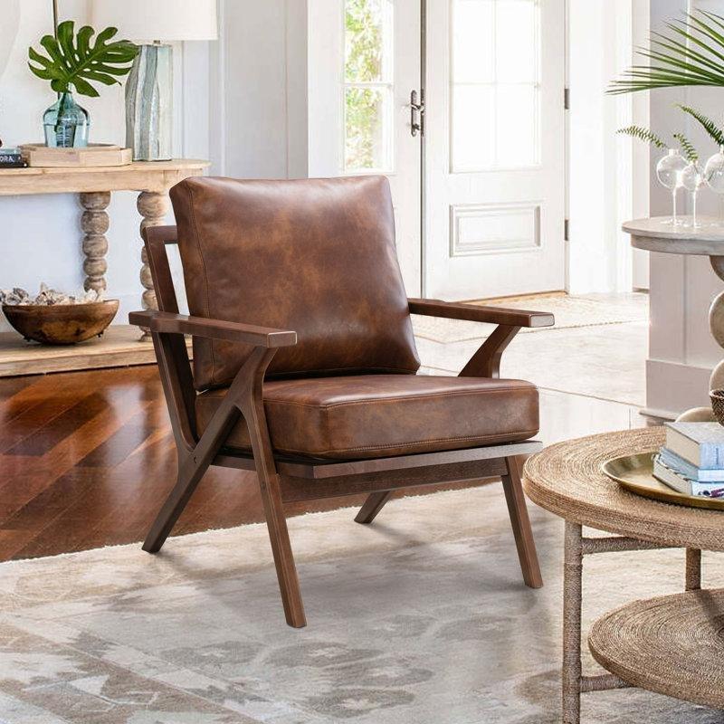 Kahverengi Suni Deri Masif Ahşap İskeletli Retro Berjer Koltuk - 75 cm - 156679