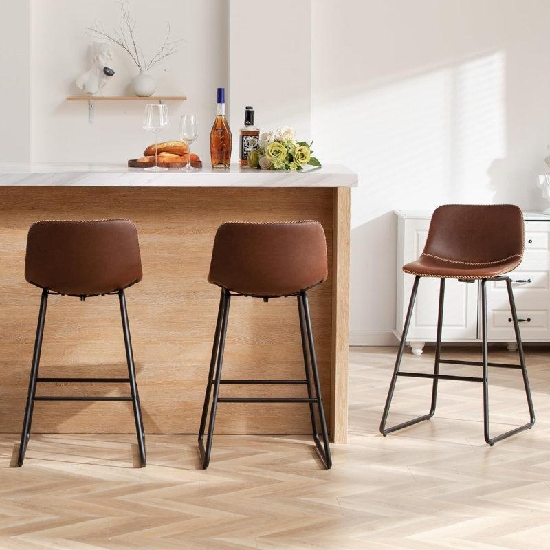 Kahverengi Suni Deri Metal Alçak Sırtlı Ayak Destekli Bar Sandalyesi - 67 cm - 147729