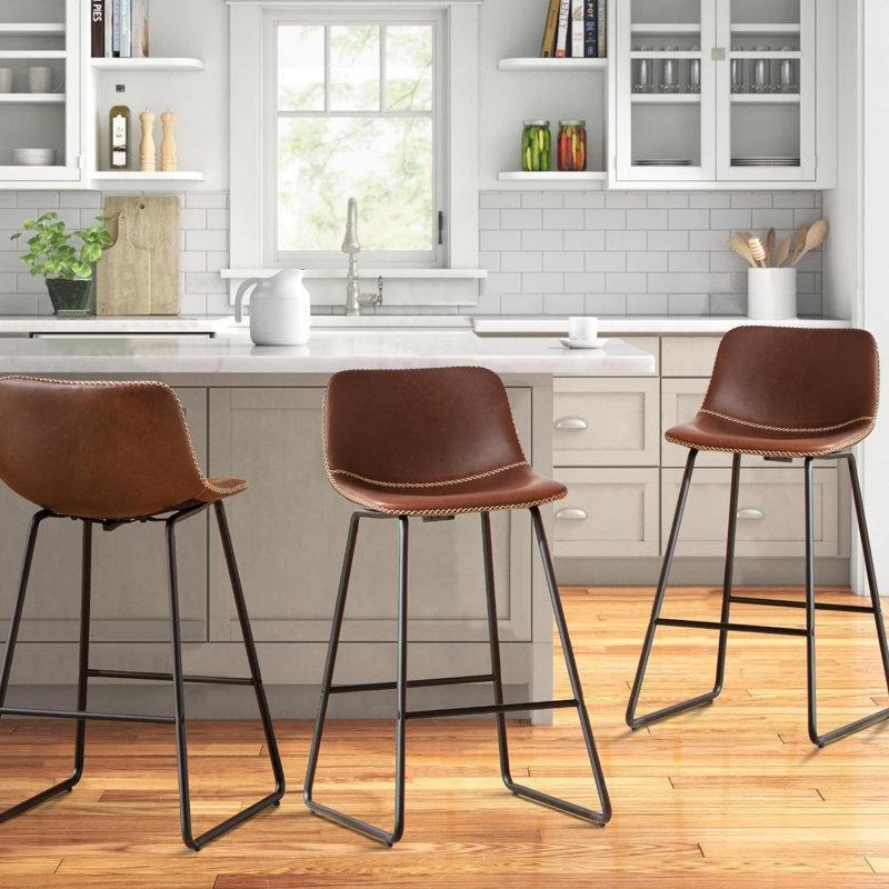 Kahverengi Suni Deri Metal Alçak Sırtlı Ayak Destekli Bar Sandalyesi - 67 cm - 147729