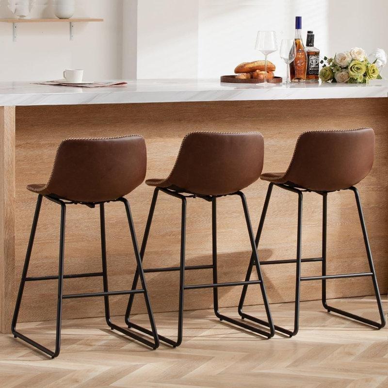 Kahverengi Suni Deri Metal Alçak Sırtlı Ayak Destekli Bar Sandalyesi - 67 cm - 147729