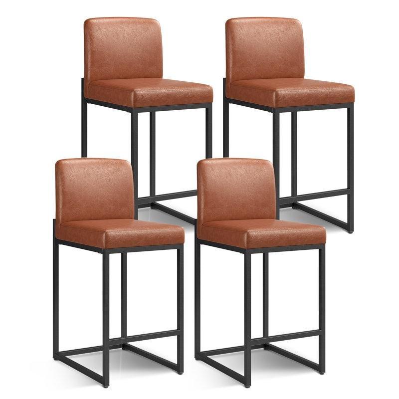 Kahverengi Suni Deri Metal Ayaklı Alçak Sırtlı 4lü Bar Sandalyesi Seti - 61 cm - 147969