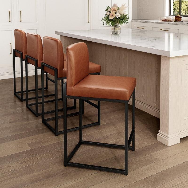 Kahverengi Suni Deri Metal Ayaklı Alçak Sırtlı 4lü Bar Sandalyesi Seti - 61 cm - 147969