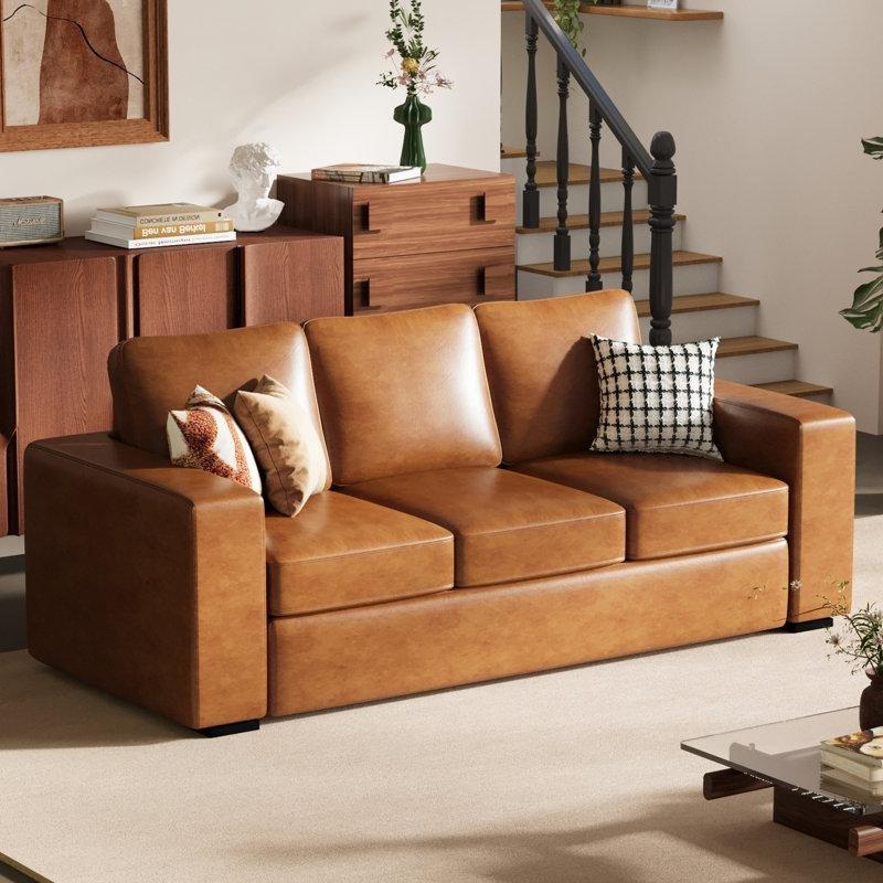 Kahverengi Suni Deri Yatak Olabilen Modern Koltuk - 216 cm - 151729