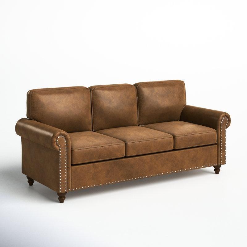 Kahverengi Suni Deri Zımba Detaylı Kıvrımlı Kolçaklı Koltuk - 199 cm - 151780