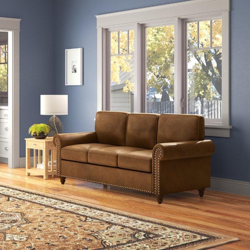 Kahverengi Suni Deri Zımba Detaylı Kıvrımlı Kolçaklı Koltuk - 199 cm - 151780