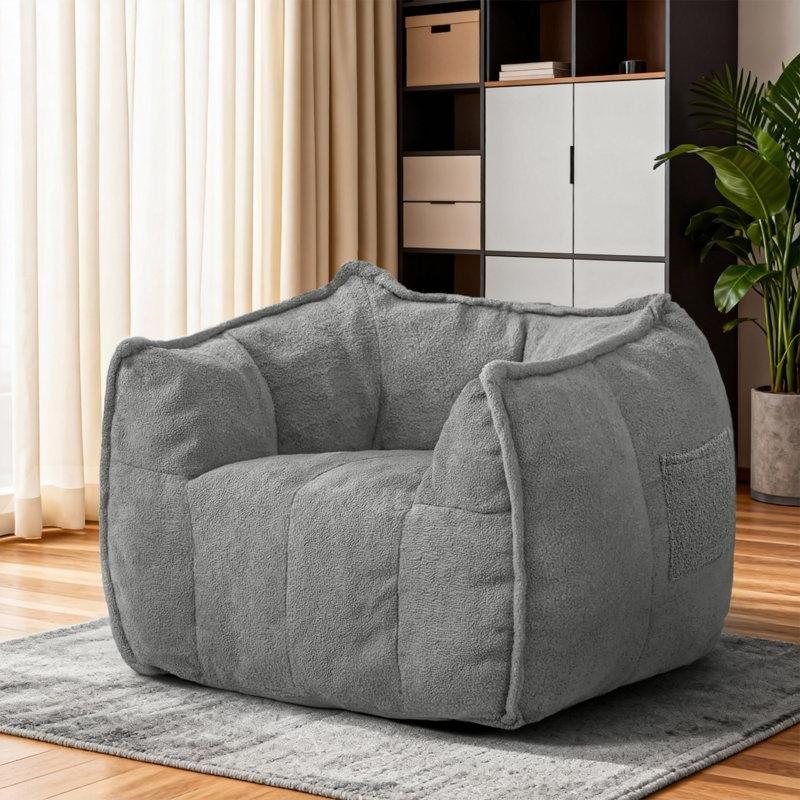Kahverengi Teddy Kumaş Köpük Dolgulu Yan Cepli Puf Koltuk - 157468