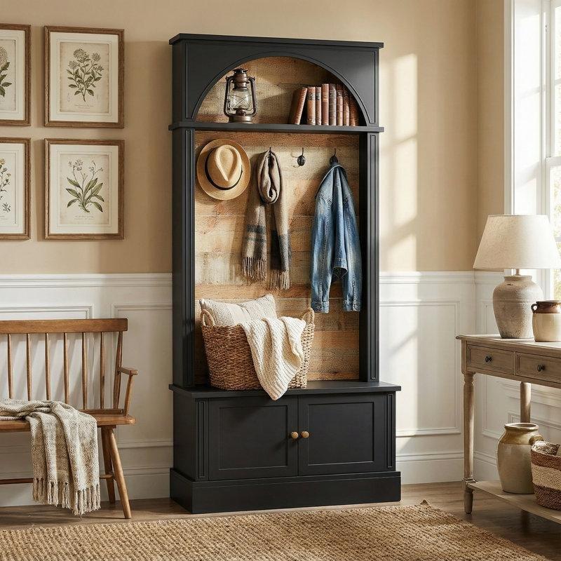 Kahverengi ve Siyah Metal Oturaklı ve Ayakkabı Dolaplı Portmanto Vestiyer - 83 cm - 159718