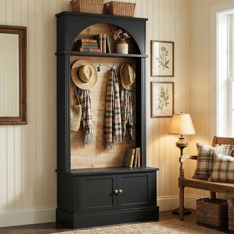 Kahverengi ve Siyah Metal Oturaklı ve Ayakkabı Dolaplı Portmanto Vestiyer - 83 cm - 159718