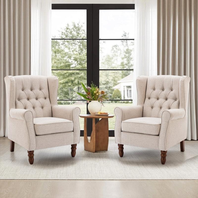 Kapitoneli Masif Ahşap Ayaklı 2'li Set Berjer Koltuk - 156586