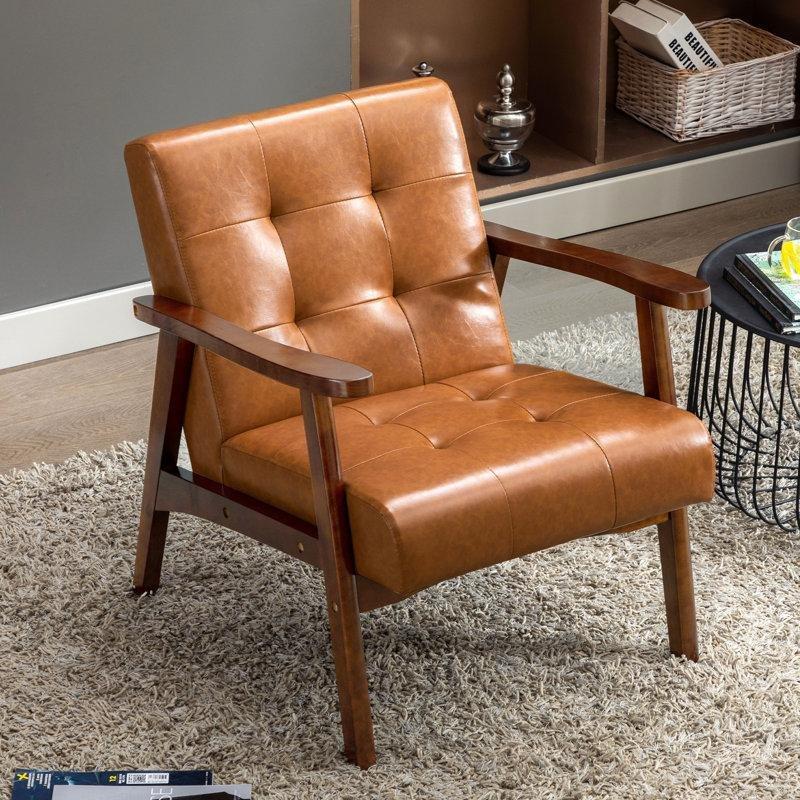 Kapitoneli Suni Deri Mid-Century Modern Ahşap Koltuk - 62 cm - 156664