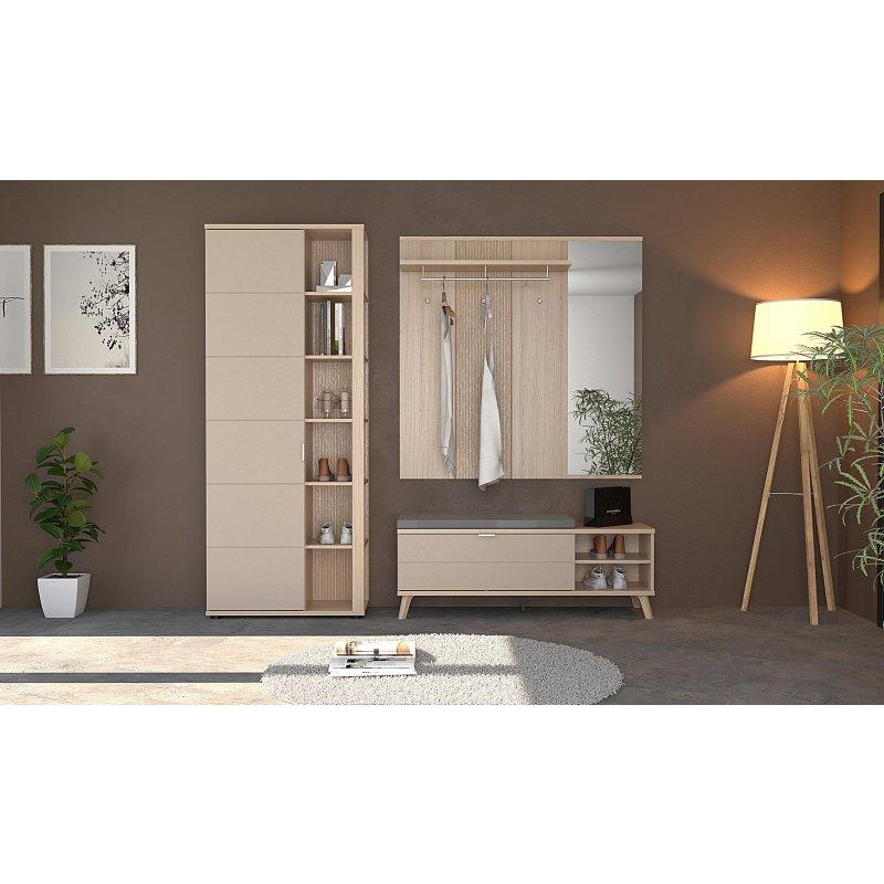 Kaşmir Ahşap 3 Parçalı Aynalı ve Oturaklı Portmanto Vestiyer Seti - 225x199x38 cm - 158761