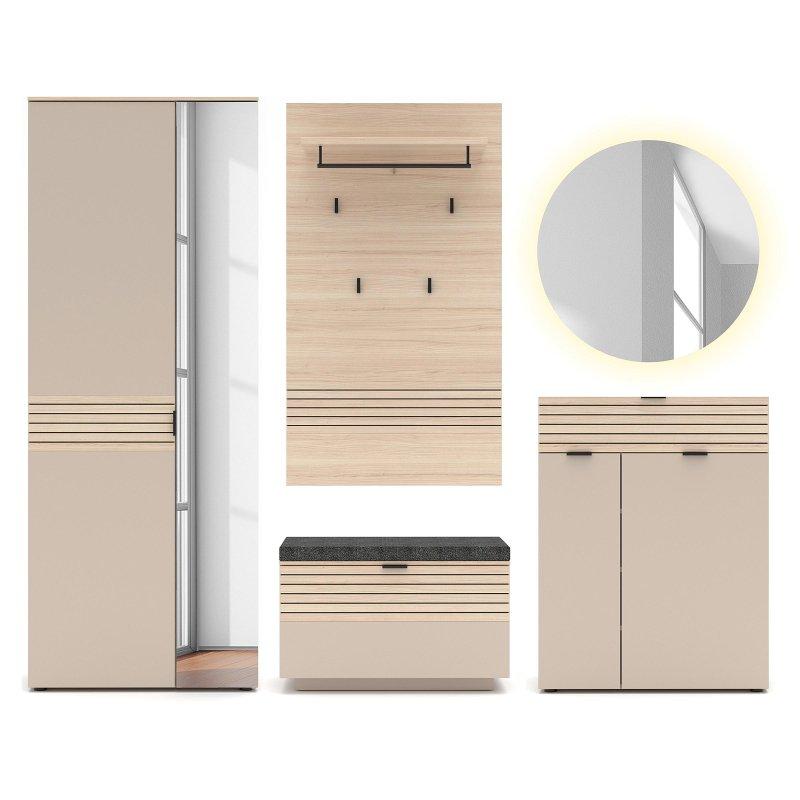 Kaşmir Ahşap 5 Parçalı Aynalı Oturaklı Portmanto Vestiyer Seti - 264 cm - 158605