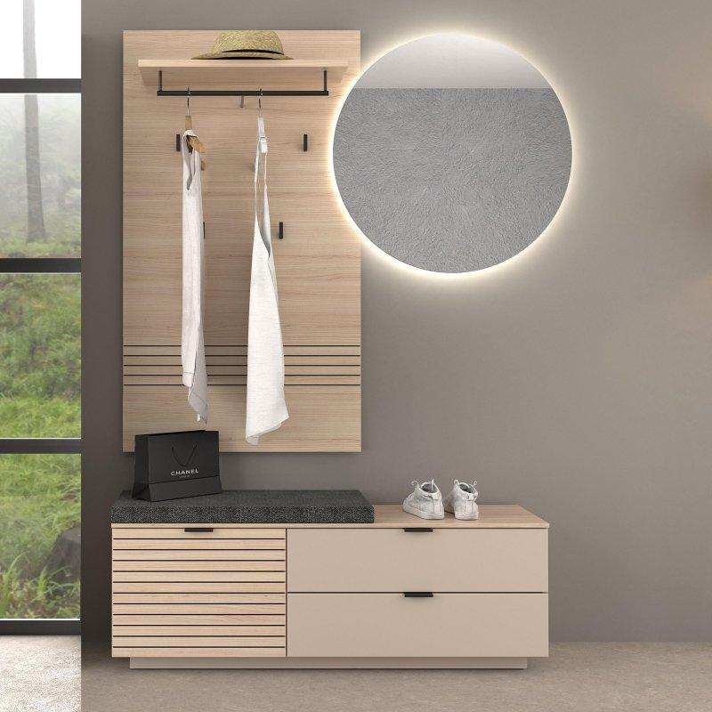 Kaşmir Ahşap Oturaklı Aynalı Çekmeceli 3 Parçalı Portmanto Vestiyer - 143x202 cm - 159241