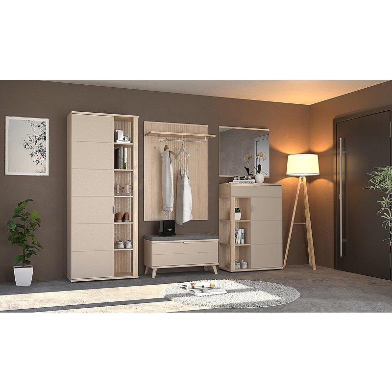 Kaşmir Rengi Ahşap 5 Parçalı Oturaklı ve Aynalı Portmanto Vestiyer - 280 cm - 158599
