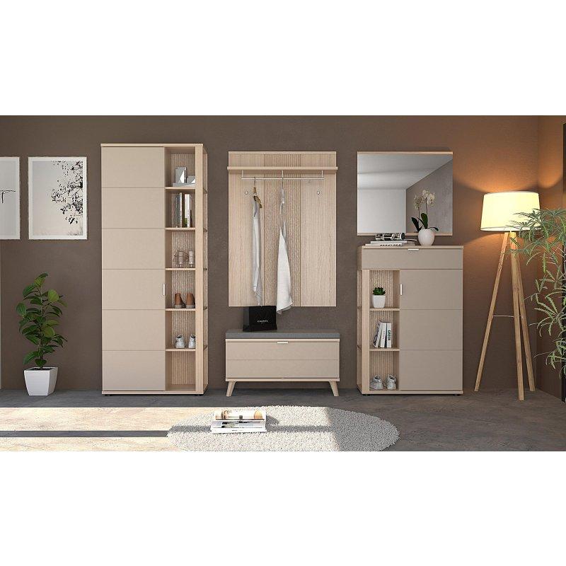 Kaşmir Rengi Ahşap 5 Parçalı Oturaklı ve Aynalı Portmanto Vestiyer - 280 cm - 158599