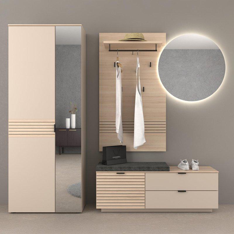 Kaşmir Rengi Aynalı Oturaklı Çekmeceli 4 Parça Ahşap Portmanto Vestiyer - 236x202x38 cm - 159043