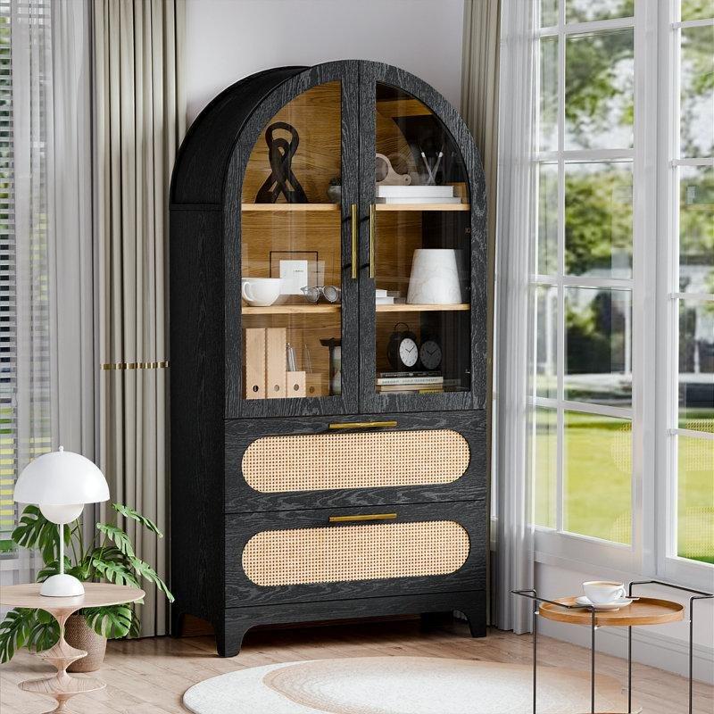 Kayın Rengi Rattan Kapaklı Kemerli 3 Raflı Vitrin - Gümüşlük - 157378