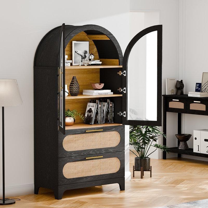 Kayın Rengi Rattan Kapaklı Kemerli 3 Raflı Vitrin - Gümüşlük - 157378