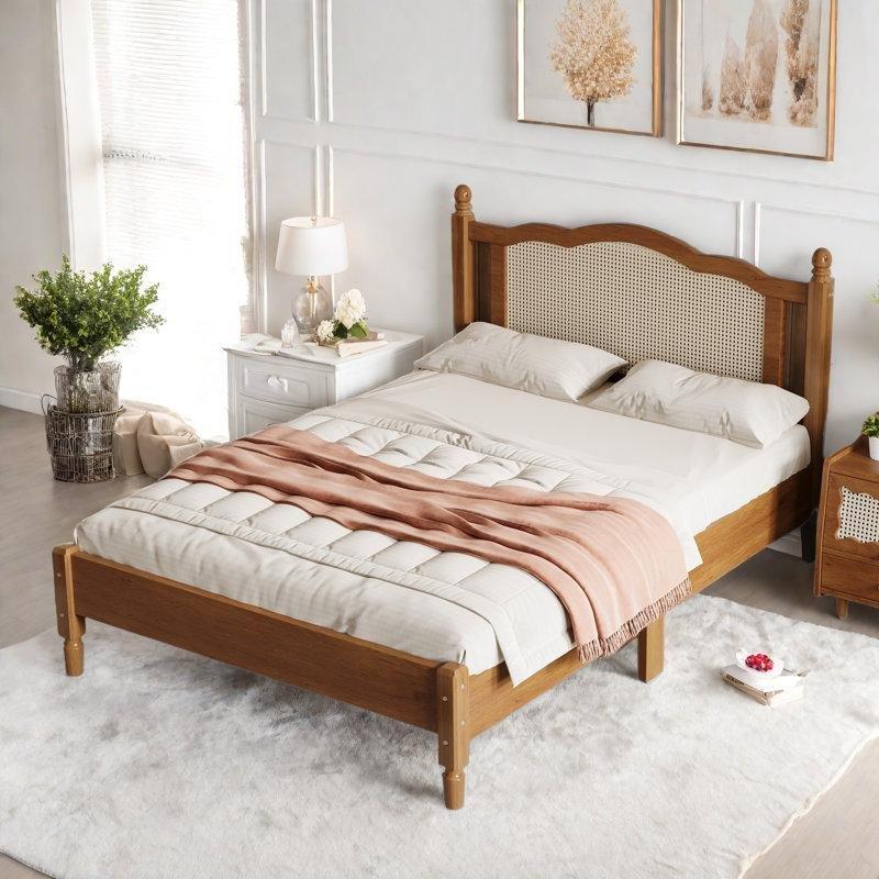 Kemerli Rattan Başlıklı Bohem Tasarım Ahşap Karyola - 145x204 cm - 143209