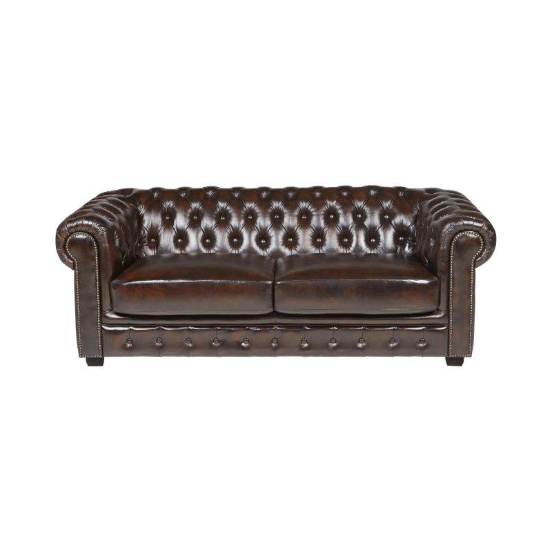 Kestane Kahverengi Hakiki Manda Derisi Zımbalı Chesterfield Üçlü Koltuk - 201 cm - 155464