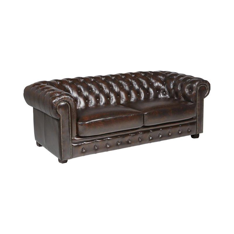 Kestane Kahverengi Hakiki Manda Derisi Zımbalı Chesterfield Üçlü Koltuk - 201 cm - 155464