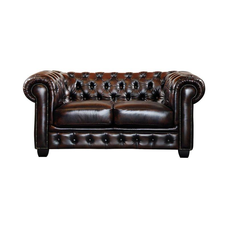 Kestane Yansımalı Kahverengi Hakiki Manda Derisi Zımbalı Chesterfield İkili Koltuk - 160 cm - 155458