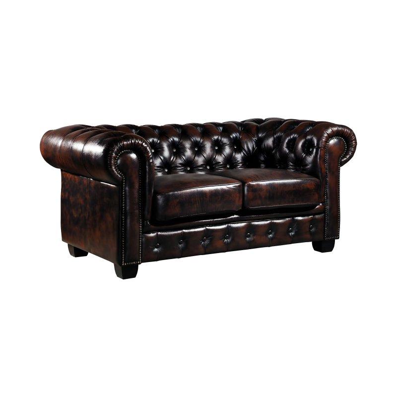 Kestane Yansımalı Kahverengi Hakiki Manda Derisi Zımbalı Chesterfield İkili Koltuk - 160 cm - 155458