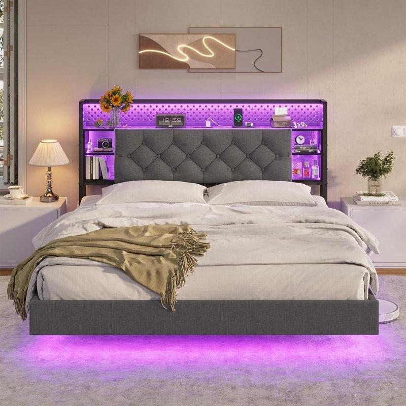 Keten Dokulu RGB LED Işıklı ve Şarj İstasyonlu Kitaplık Başlıklı Uçan Karyola - 137x205 cm - 142393